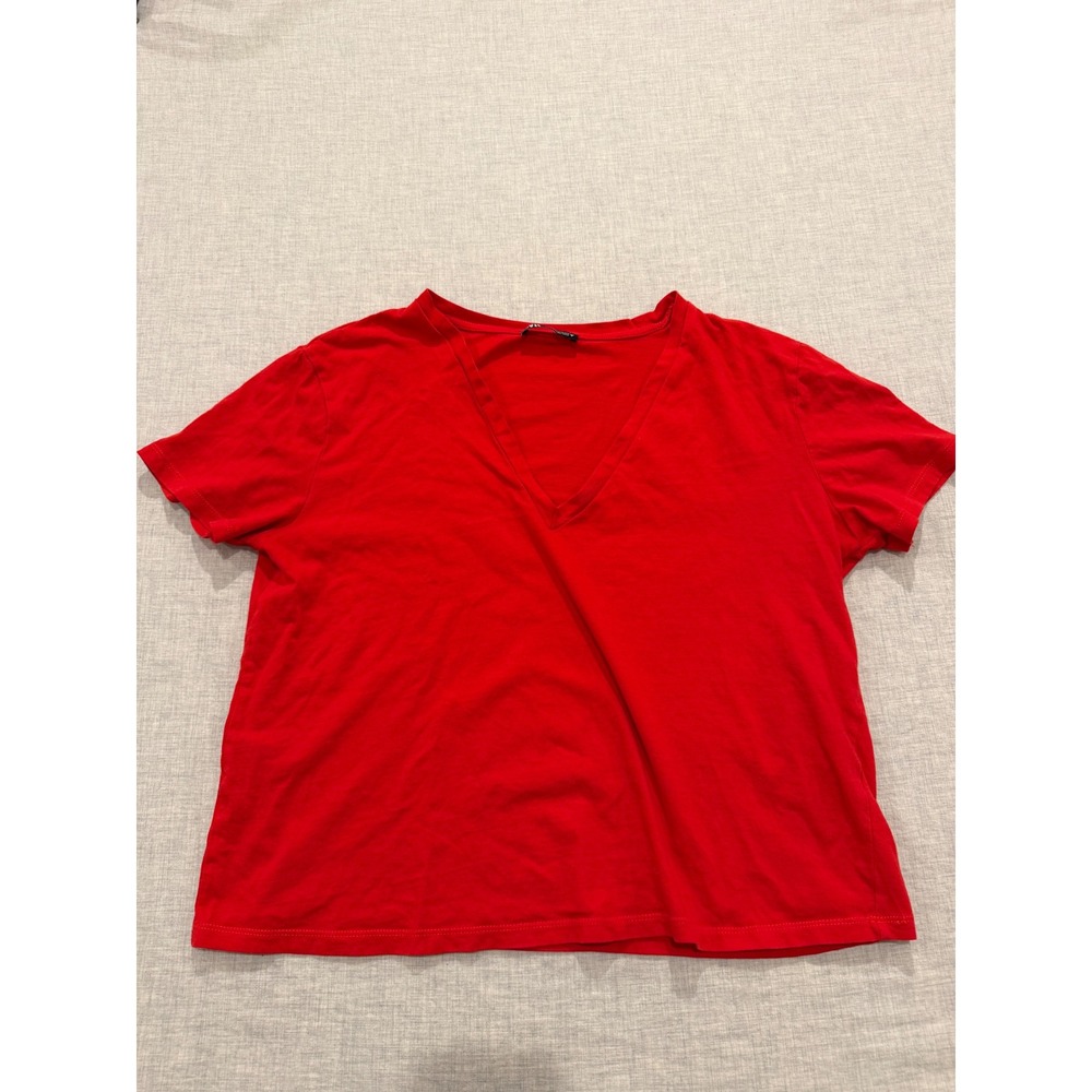 Zara Red V-Neck Short Sleeve T-Shirt Casual Basic Top Size M